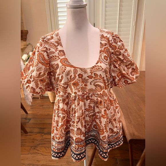 Anthropologie Paisley Puff-Sleeve Babydoll Blouse Scoop Neck Boho Cotton L NWT - Picture 2 of 9